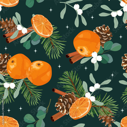 Seamless vector illustration with tangerines, cinnamon, fir branches, pine cones, and mistletoe on a dark background. Suitable for decorating textiles and packaging.