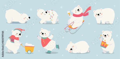 Funny polar bear. White bears sledding, skating, walking with garlands, sleeping. Funny north pole animal various poses, cartoon nowaday vector characters