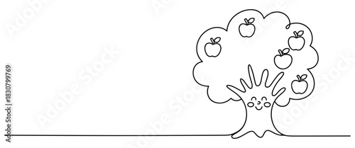 Happy Apple Tree with a Smiling Face and Apples in Continuous Line Art Style fruit tree