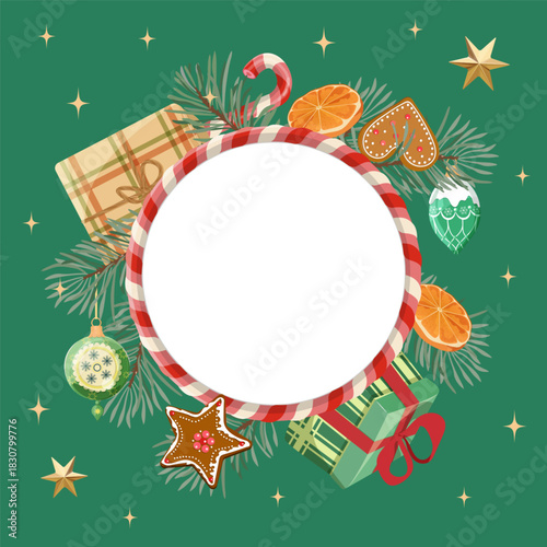 Frame for Christmas greetings, invitations with gifts, gingerbread and Christmas tree balls.