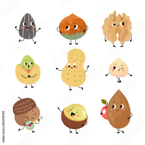Nuts characters. Funny seed nut different poses and cute emotional faces. Cartoon beans, pistachio, acorn, peanut. Healthy food, snacks to go, nowaday vector set