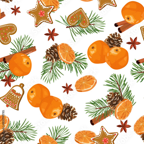 Christmas gingerbread, tangerines, cinnamon with fir branches and pine cones on a white background. A seamless vector illustration suitable for decorating textiles and packaging.