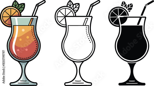 Alcoholic cocktails silhouette & Outline and illustration set isolated on transparent background
