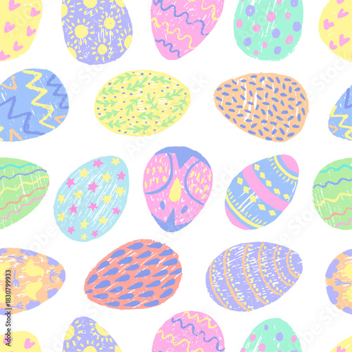 Easter eggs seamless pattern. Decorative egg with ornaments, seasonal spring festive holidays. Bright print template, neoteric vector chalk drawn background