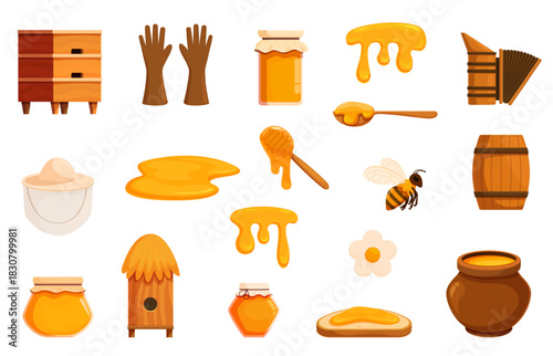 Cartoon beekeeping. Honey in clay pot and glass jars. Apiary tools, beekeeper safety elements gloves, hat. Bee hive house, flower, sapid vector clipart