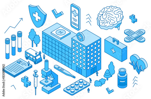 Isometric medical concept. Hospital or clinic building, ambulance cars, medicine tools and pharmacy elements. Pills, syringe, telemedicine, nifty vector scene