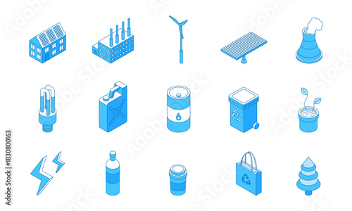 Outline isometric ecology icons. Eco lifestyle, alternative power. Green energy, solar panel, clean oil and recycling. Global warming problems solve, nifty vector set