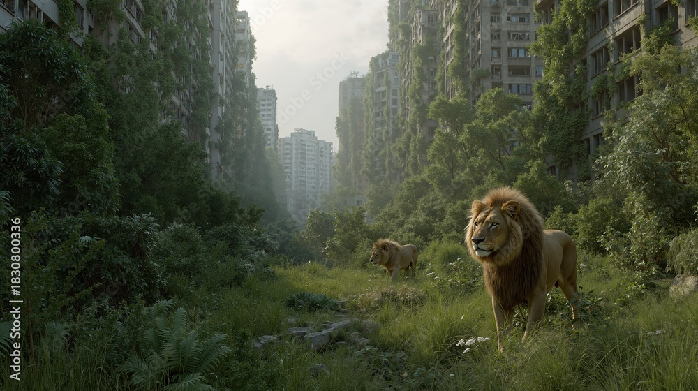 Obraz premium Lions in overgrown city buildings, urban jungle with vegetation-covered street, concept of post apocalypse after global war
