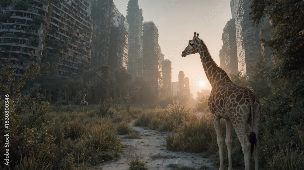 Obraz premium Giraffes are an overgrown urban ruinscape at sunset, exploring nature's reclamation of abandoned city buildings