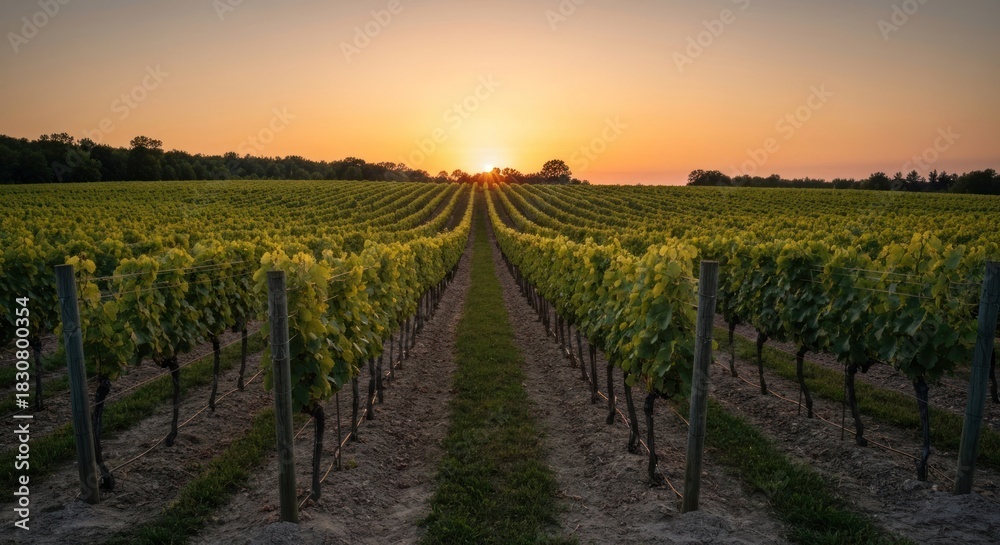 Naklejka premium Vineyard rows stretch towards the setting sun. Golden light bathes the lush green landscape