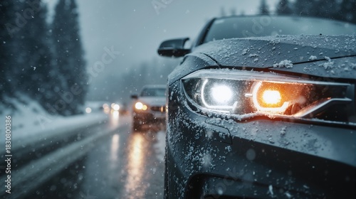 Wintry road adventure with snow-covered cars and illuminated headlights on a frosty forest highway