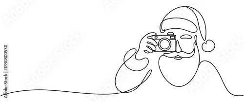 Minimalist continuous line artwork of Santa capturing a festive moment on camera
