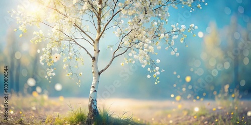 Serene Springtime A Single Birch Tree in Full Bloom, Bathed in Soft Sunlight, Amongst a Field of Delicate Wildflowers and Sparkling Dust Motes