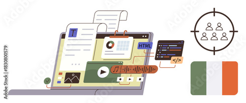 Laptop screen with text, media file, code snippets, and audio player, target audience graphic, and Ireland flag. Ideal for content creation, digital marketing, web development localization media