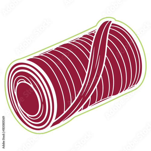 Isolated roll of yarn with intricate white lines and a light green outline on a plain background for crafting concept