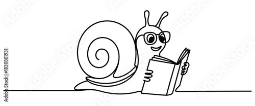 Cute minimalist line illustration of a snail wearing glasses and reading a book
