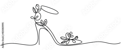 Minimalist one-line illustration of elegant high heel shoe decorated with flowers