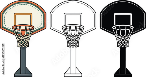 Basketball hoop silhouette & Outline and illustration set isolated on transparent background