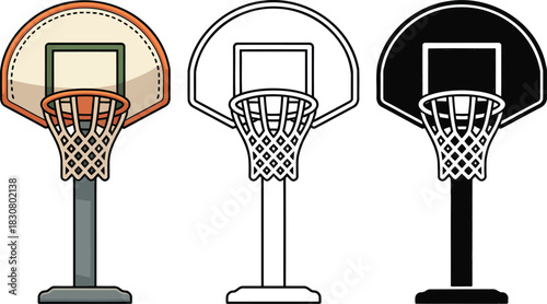 Basketball hoop silhouette & Outline and illustration set isolated on transparent background