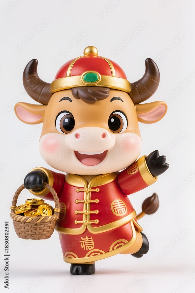 Fototapeta premium Adorable chibi ox in festive red-and-gold costume, carrying a small basket of gold coins, cheerful pose, glossy PVC figure look, clean white background, perfect for Chinese New Year stock image.