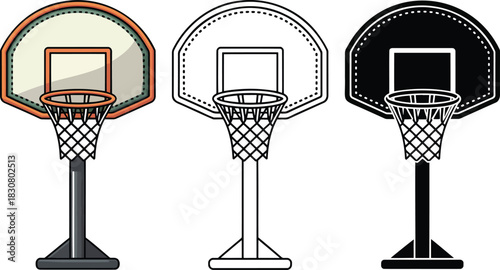 Basketball hoop silhouette & Outline and illustration set isolated on transparent background