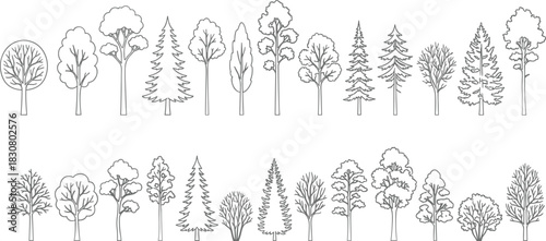 Detailed line art collection of diverse tree silhouettes featuring deciduous and evergreen varieties, perfect for landscape illustrations, nature designs, and eco projects