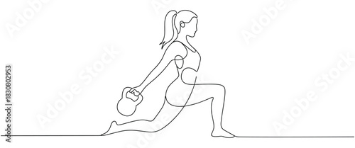 Minimalist one-line illustration of woman doing lunge exercise with kettlebell