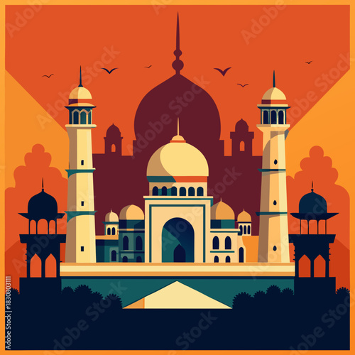 Stylized islamic architecture with minarets and domes against an orange sky