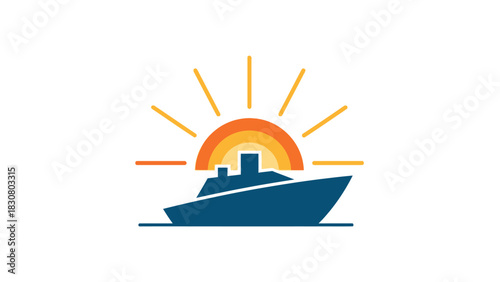 Graphic illustration of a blue cruise ship sailing under a vibrant orange sunrise with yellow rays on a white background.