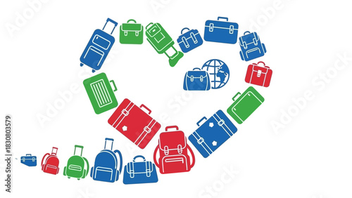 Colorful heart-shaped arrangement of various luggage icons in red, green, and blue hues on a white background.