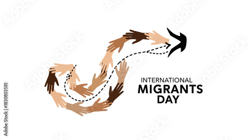 Graphic illustration of hands forming a circular arrow on International Migrants Day with a white background and dotted line pathway.