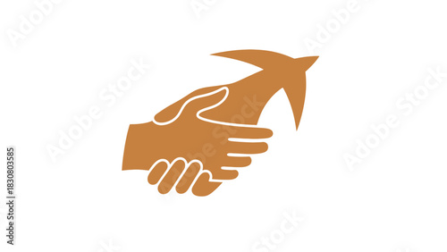 A graphic illustration of two hands shaking with an arrow pointing upwards on a white background.