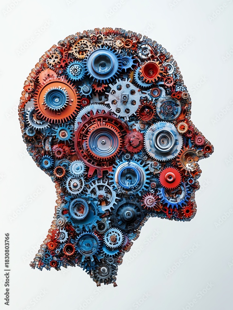 Obraz premium A clean human head silhouette filled with intricate interlocking gears and cogwheels