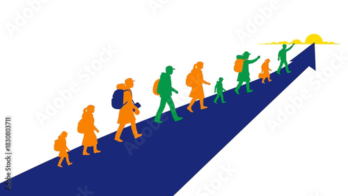 Illustration of a diverse group of people walking up a blue ramp towards a yellow sun on a white background with a sense of progression and optimism.
