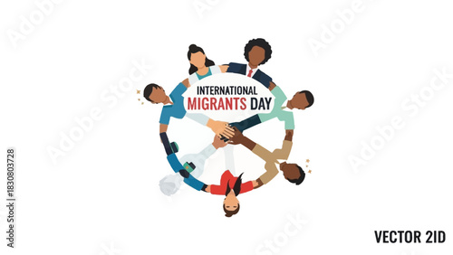 Vector illustration of diverse people forming a circle to celebrate International Migrants Day on a white background with a flat design style.