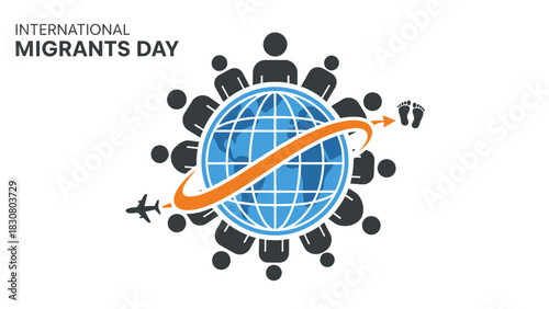 Graphic illustration of a globe with an orange swoosh and silhouettes of people celebrating International Migrants Day on a white background.