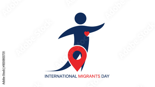 Logo for International Migrants Day featuring a stylized human figure with a red location pin on a blue and red color scheme.