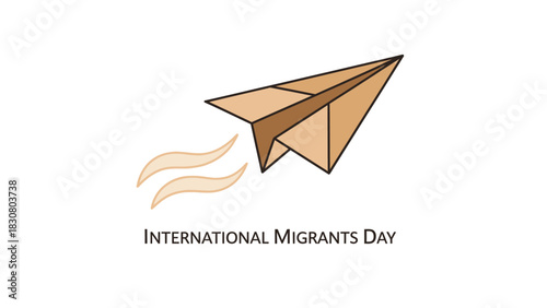 Illustration of a paper airplane flying with motion lines and International Migrants Day text on a white background.