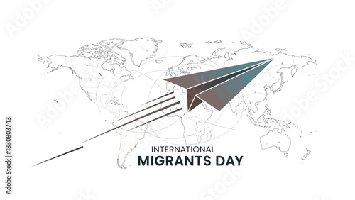 Illustration of a paper airplane flying over a world map with the text 'International Migrants Day' on a white background, conveying a sense of global movement.