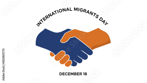 Graphic illustration of two hands shaking in blue and orange colors, celebrating International Migrants Day on December 18, with a simple and symbolic design.
