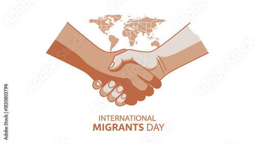 Graphic illustration of two hands shaking over a world map on International Migrants Day with orange tones and a clean white background.