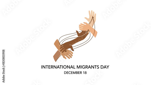 Illustration of diverse hands reaching out on a white background for International Migrants Day on December 18.