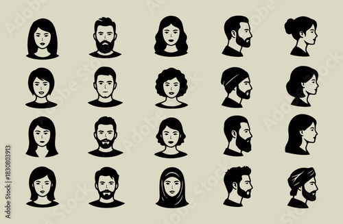 Set of 20 avatar portrait silhouettes of woman and man faces portraits with both front and side view, vector illustration style.