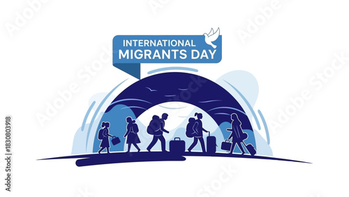 Graphic illustration of people walking through a tunnel with luggage, celebrating International Migrants Day on a white background with blue tones.