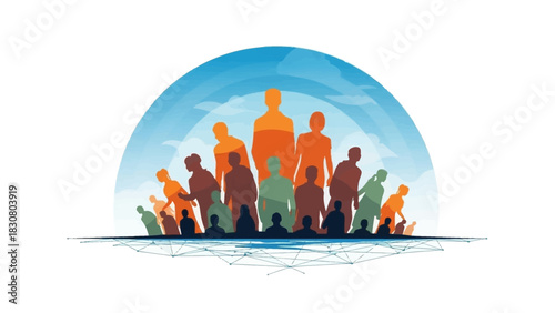 Illustration of diverse group of people standing together on a small island in the ocean with a blue sky background.