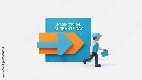 Illustration of a delivery person walking with a suitcase past a blue sign for International Migrants Day with orange arrows on a white background.