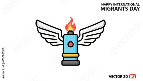 Vector illustration of a winged torch with flame on a white background celebrating International Migrants Day in a 2D graphic style with bold lines and bright colors.