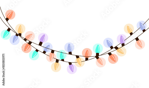 Cartoon vector illustration of a glowing multi colored Christmas light string isolated on transparent background