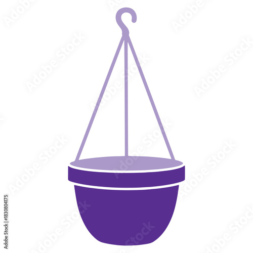 Purple hanging planter with hook and supporting ropes for flowers or herbs in a garden vector illustration