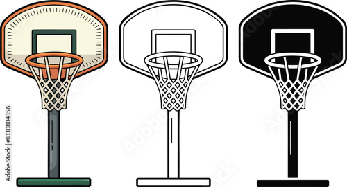 Basketball hoop silhouette & Outline and illustration set isolated on transparent background